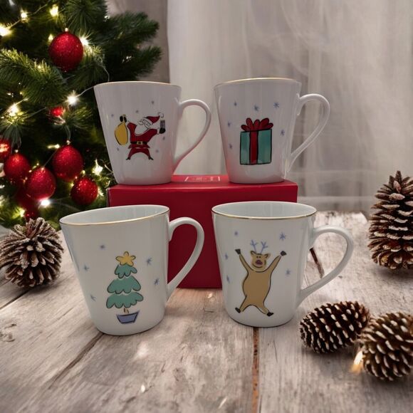 Set Of 4 Vintage Merry Brite Porcelain MERRY CHRISTMAS Mugs: Whimsical - Picture 1 of 8
